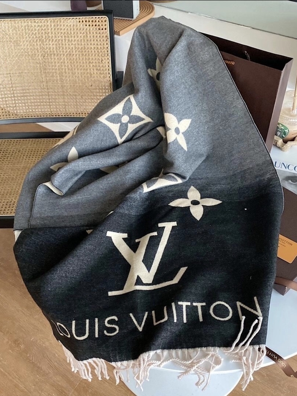 Gray & Black Monogram Wool-Blend Scarf